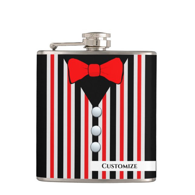 Pinstriped Vest & Red Bow Tie Vinyl Wrapped Flask (Front)
