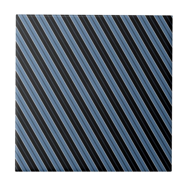 Pinstripes blue black white diagonal stripes ceramic tile (Front)