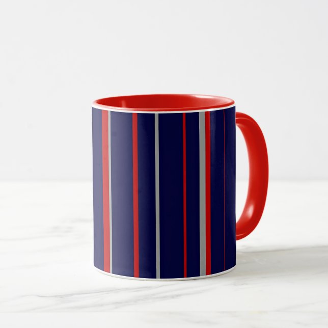 Pinstripes, colours red, navy, grey mug (Front Right)