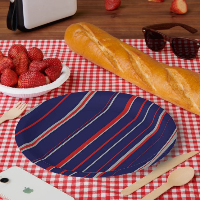 Pinstripes, colours red, navy, grey paper plate (Picnic)