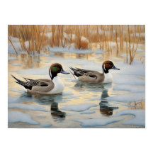 Pintail Ducks on Snowy Pond