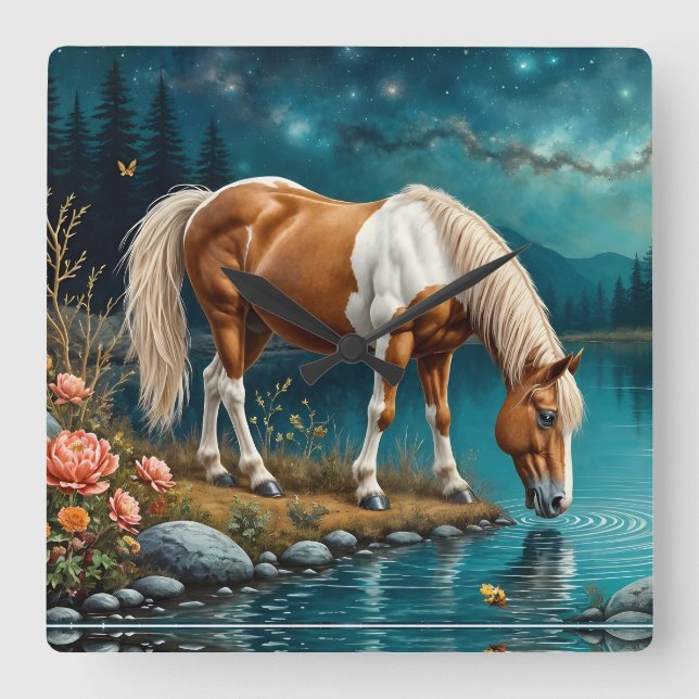 Pinto drinking water under the stars square wall clock (Front)