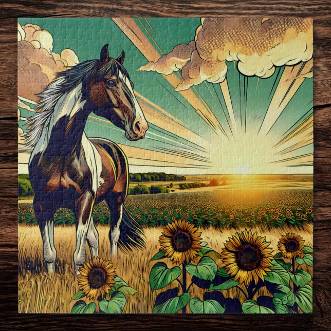 Pinto Horse in a Sunflower Field  Jigsaw Puzzle (Creator Uploaded)