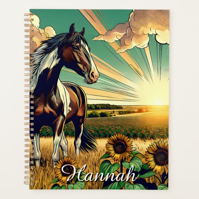 Pinto Horse in a Sunflower Field Personalised Planner (Front)