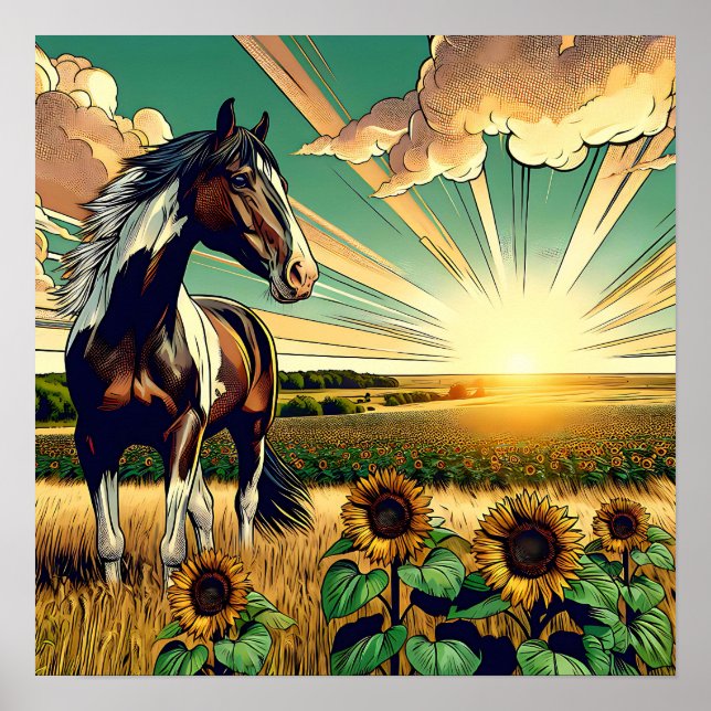 Pinto Horse in a Sunflower Field  Poster (Front)