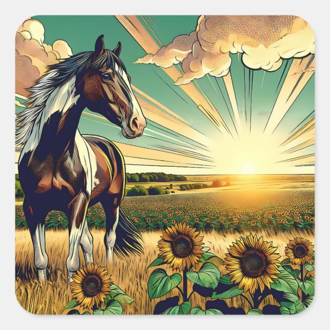 Pinto Horse in a Sunflower Field  Square Sticker (Front)
