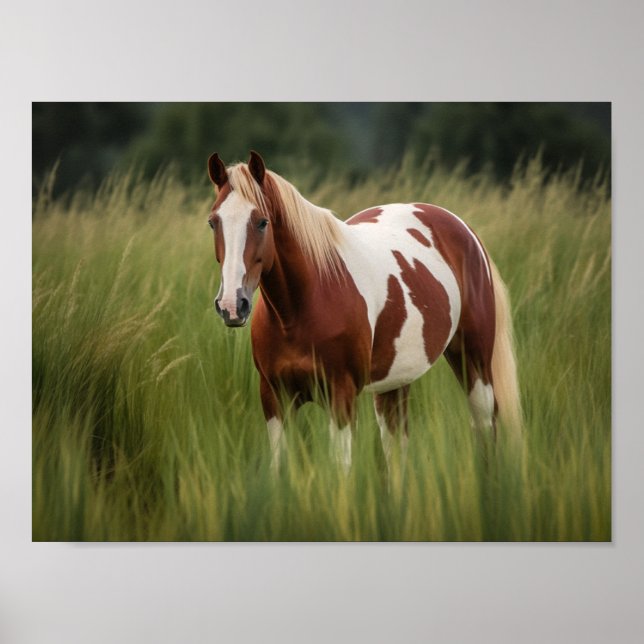 Pinto Mustang Horse in Tall Grass Poster (Front)