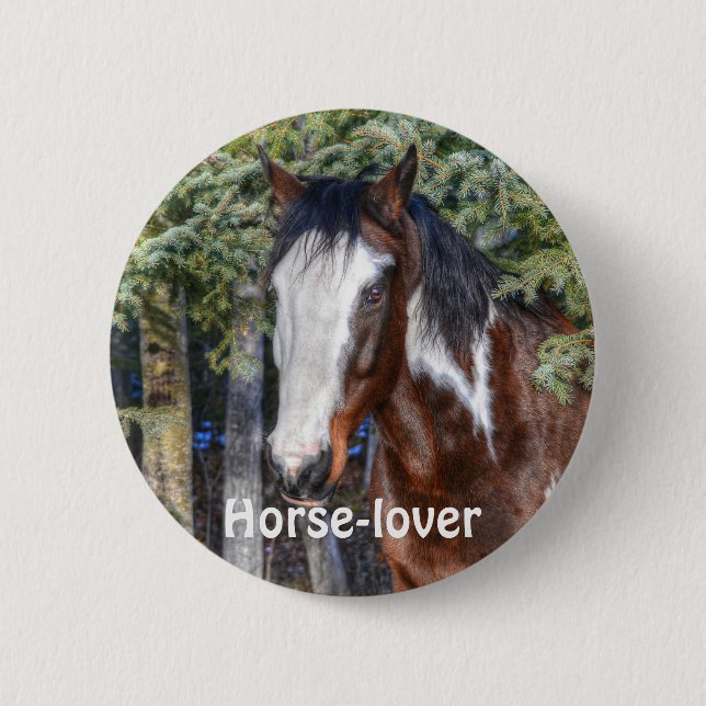 Pinto Paint Stallion & Evergreen Trees 6 Cm Round Badge (Front)