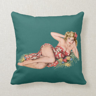 pinup girl pretty blonde wearing sarong + hibiscus cushion