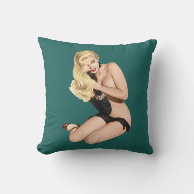 Pinup girl wearing nothing but black gloves  heels cushion (Front)
