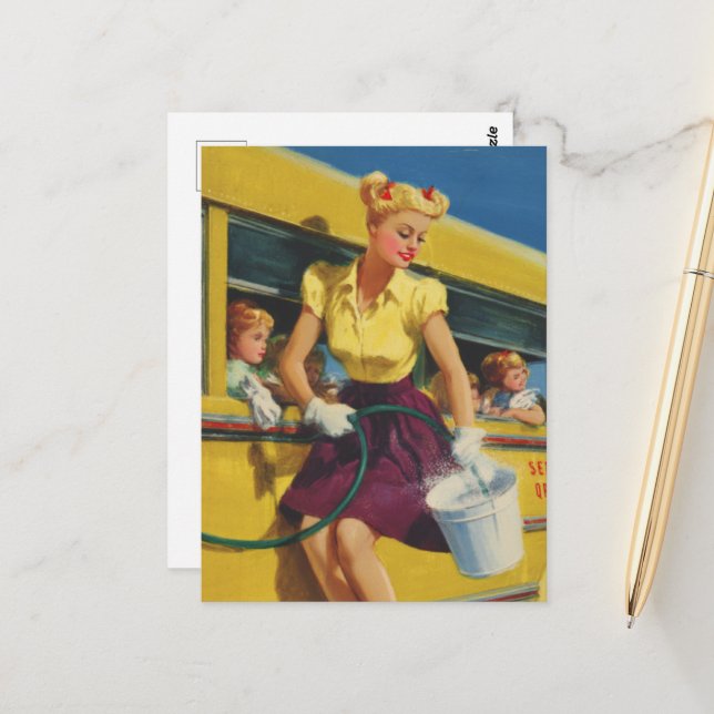 Pinup Retro Woman Washing a School Bus Postcard (Front/Back In Situ)