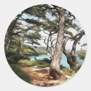 Pinus pinea Pine Tree Forest Painting  Classic Round Sticker