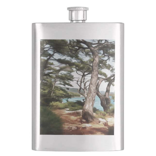 Pinus pinea Pine Tree Forest Painting  Hip Flask (Front)