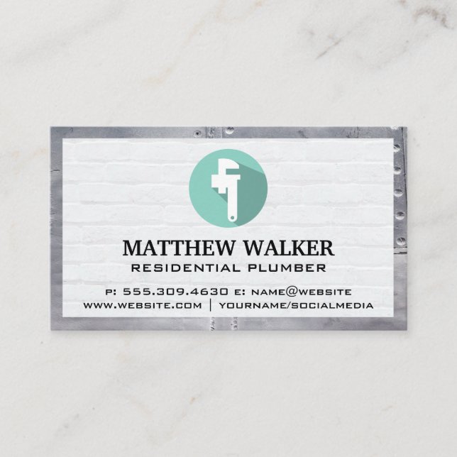 Pipe Wrench Logo | Brick Wall and Metal Rivets Business Card (Front)
