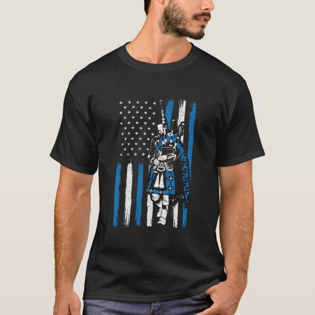 Piper On Us Flag Bagpiper Bagpipe Bagpipes Player T-Shirt (Front)