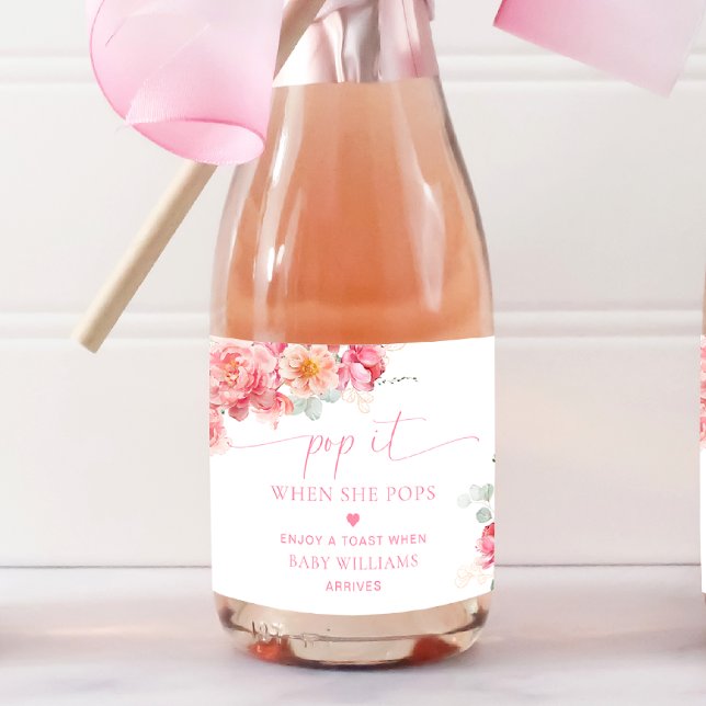 Piper Peony Floral Baby Shower Pop It Sparkling Wine Label (Pop It Baby Shower Champagne Label Piper Peony)