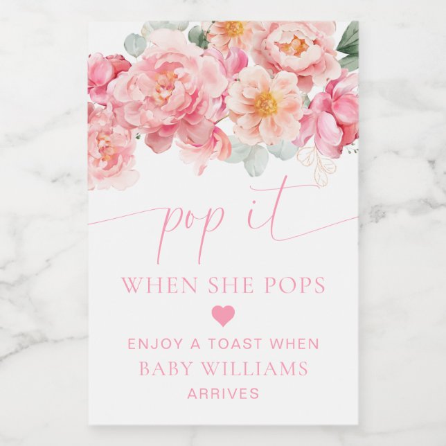 Piper Peony Floral Baby Shower Pop It Wine Label (Single Label)