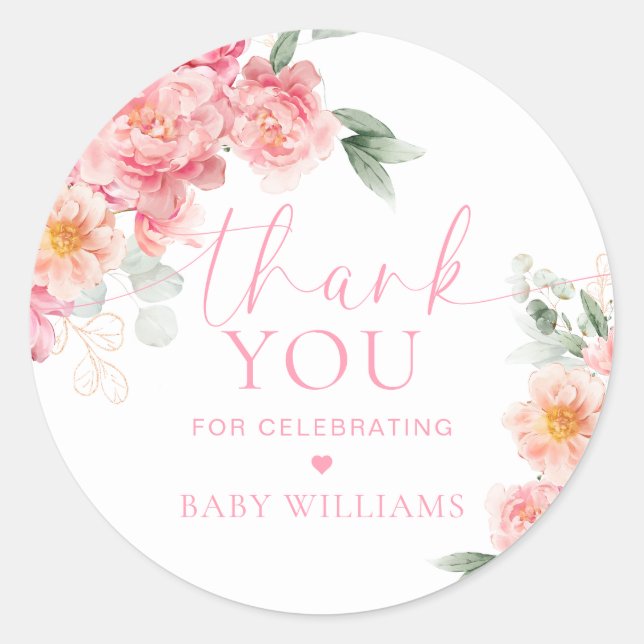 Piper Peony Floral Baby Shower Thank You Favour Classic Round Sticker (Front)