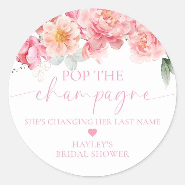 Piper Peony Floral Pop the Champagne Bridal Shower Classic Round Sticker (Front)