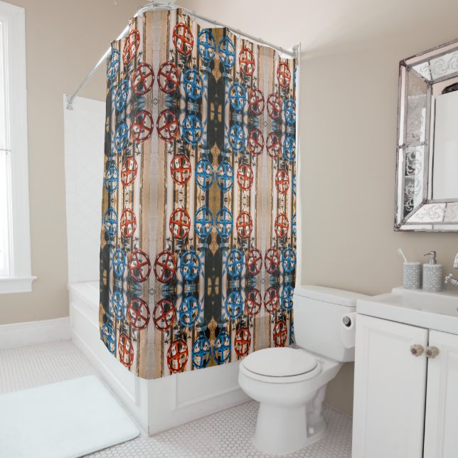 Pipes with red and blue valves large pattern shower curtain (In Situ)