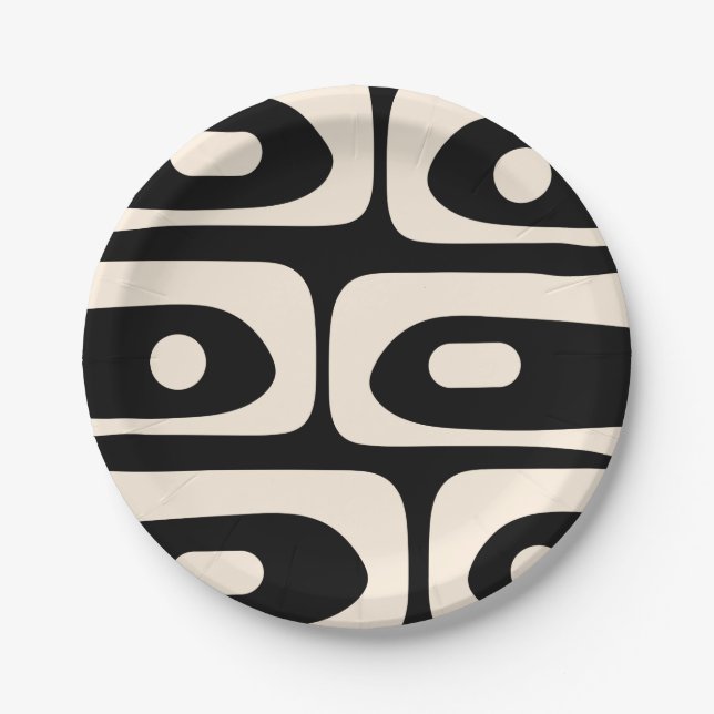 Piquet Midcentury Abstract Minimal Black and Cream Paper Plate (Front)