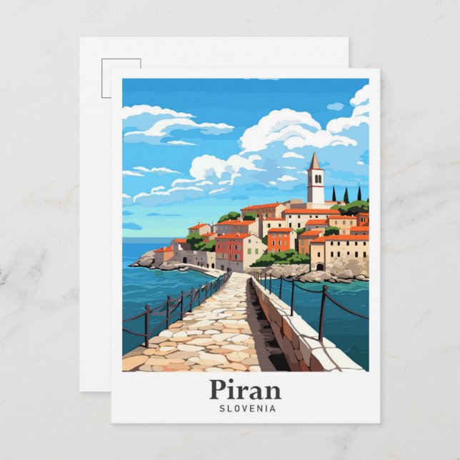 Piran Slovenia Art Vintage Travel Illustration Postcard (Front/Back)