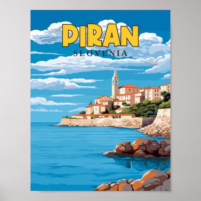 Piran Slovenia vintage travel illustration Poster (Front)