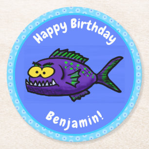 Piranha fish cartoon round paper coaster