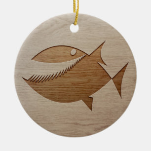 Piranha silhouette engraved on wood design ceramic tree decoration