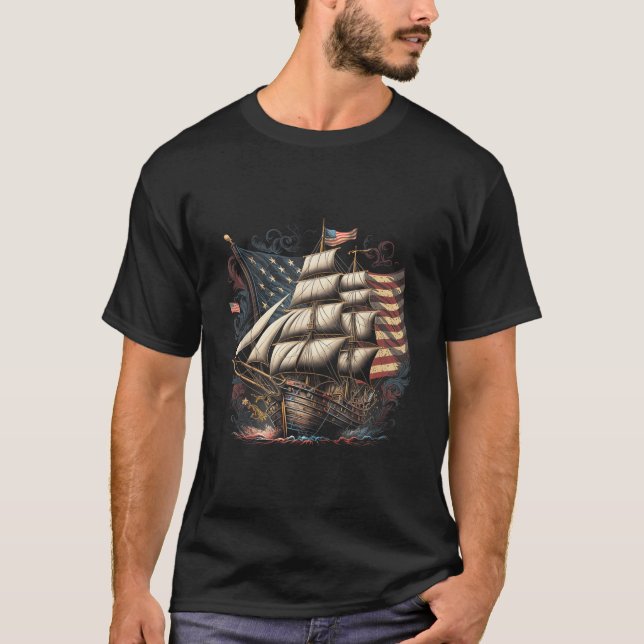 Pirate 4Th Of July American Flag Usa America Ship  T-Shirt (Front)