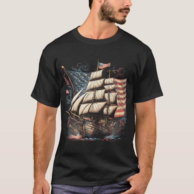 Pirate 4Th Of July American Flag Usa America Ship  T-Shirt (Front)