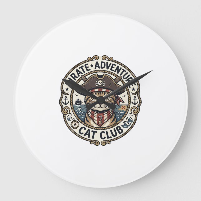 Pirate Adventure Cat POD Vector Art - Pirate Adven Large Clock (Front)