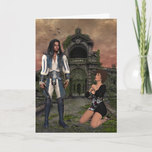 Pirate and Kneeling woman Fantasy Greeting Cards (Front)