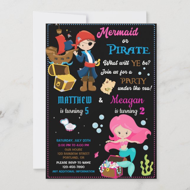 Pirate and Mermaid birthday invitation Two theme (Front)