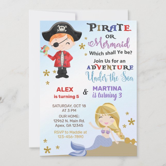 Pirate and Mermaid siblings birthday invite. Invit Invitation (Front)