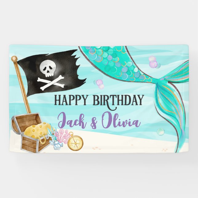 Pirate and Mermaid Tail joint Birthday Banner (Horizontal)