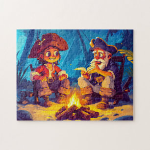 Pirate and Old Sailor Sharing Tales by Campfire Jigsaw Puzzle