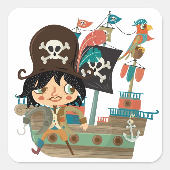 Pirate and Pirate Ship Square Sticker (Front)
