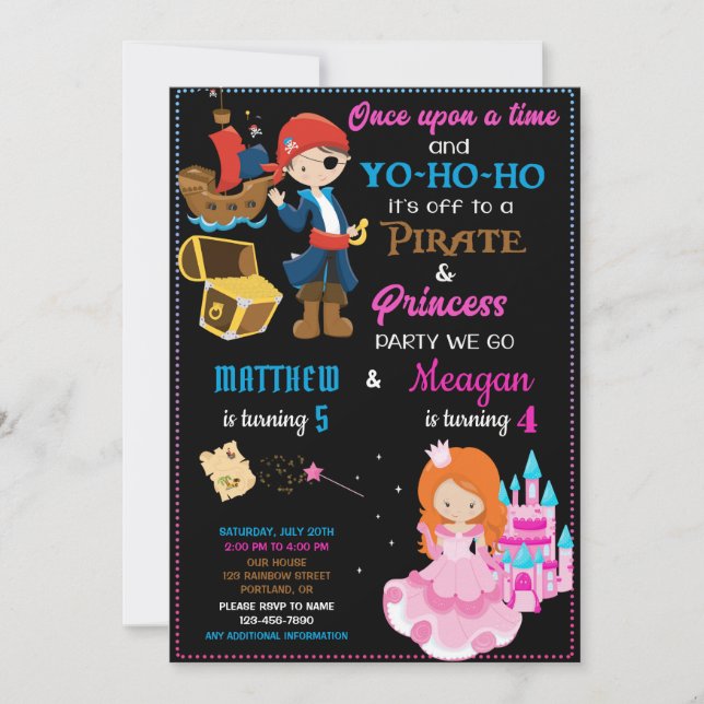 Pirate and Princess birthday invitation Two theme (Front)