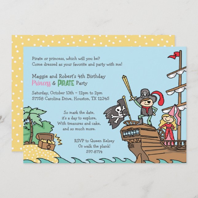 Pirate and Princess Party Treasure Twins Royal Fun Invitation (Front/Back)