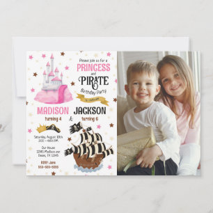 Pirate and Princess Photo Siblings Joint Birthday  Invitation