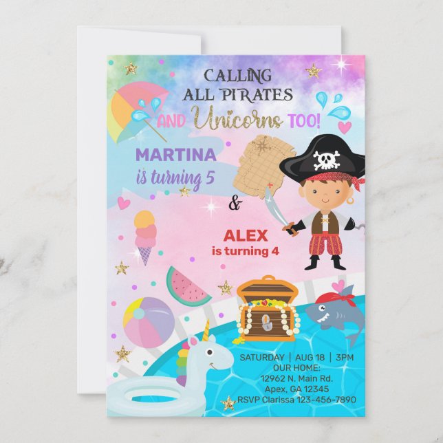 Pirate and Unicorn siblings birthday invite. Invitation (Front)