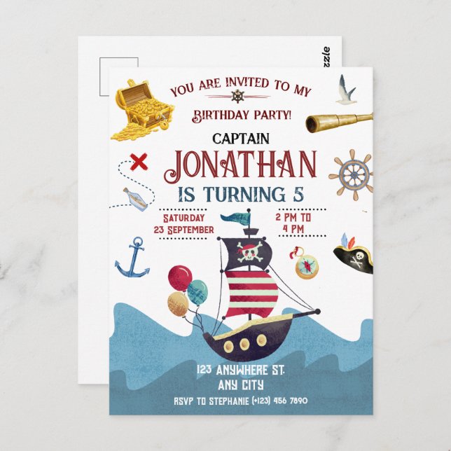 Pirate Birthday Ahoy Boy Party Invitation Postcard (Front/Back)