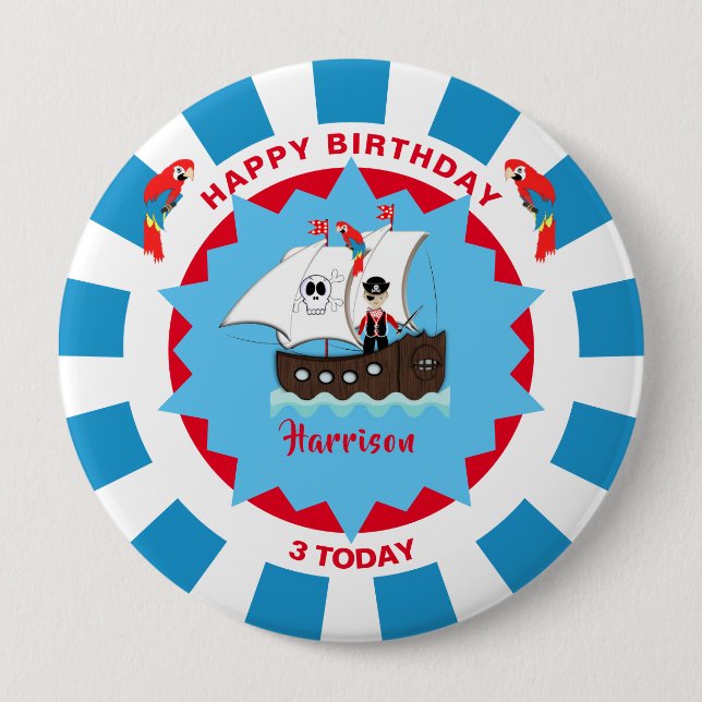 Pirate Birthday Cute Ship Kids Personalised  10 Cm Round Badge (Front)