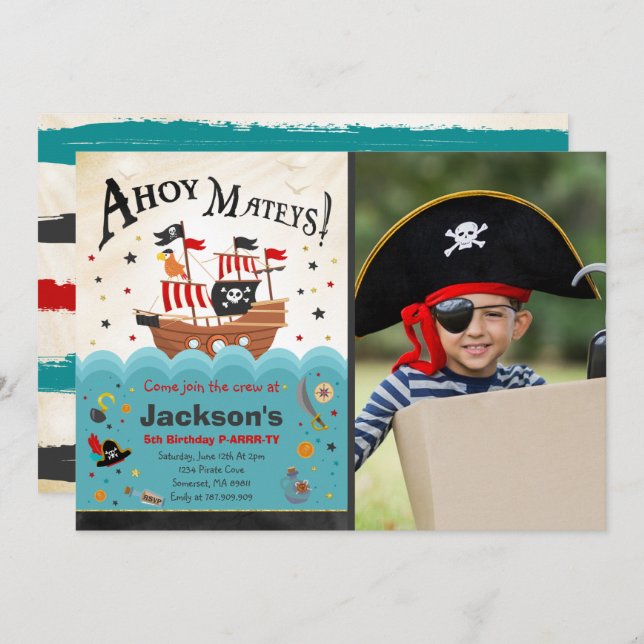 Pirate Birthday Invitation Ahoy Pirate Party Bash (Front/Back)