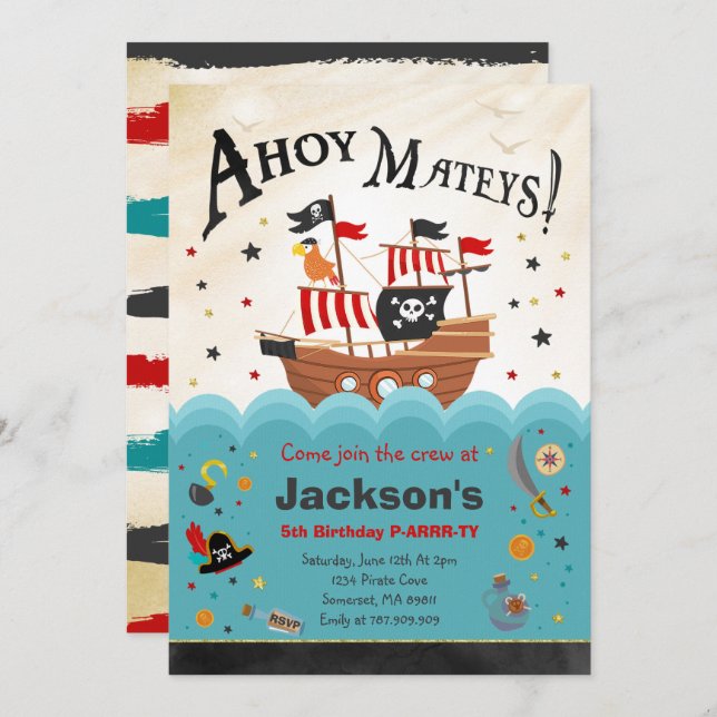 Pirate Birthday Invitation Ahoy Pirate Party Bash (Front/Back)