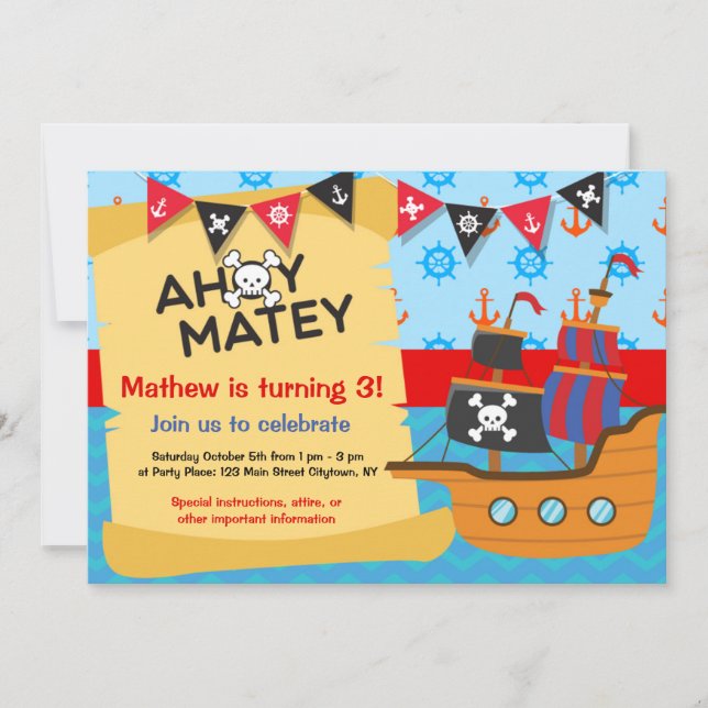 Pirate Birthday Party, Ahoy Matey Invitation (Front)