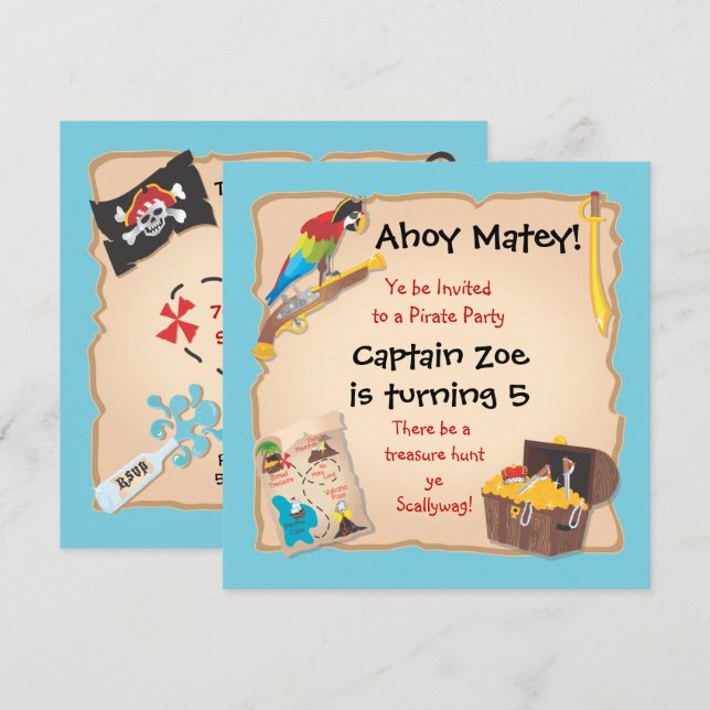 Pirate Birthday Party and Treasure Hunt Invitation (Front/Back)
