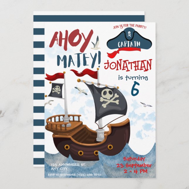 Pirate Birthday Party Watercolor Invitation (Front/Back)