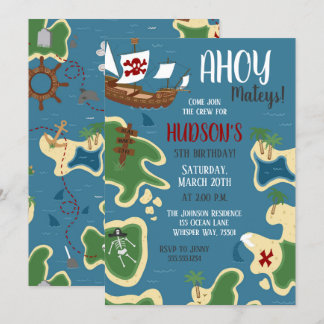 Pirate Birthday Treasure Map Blue Invitation